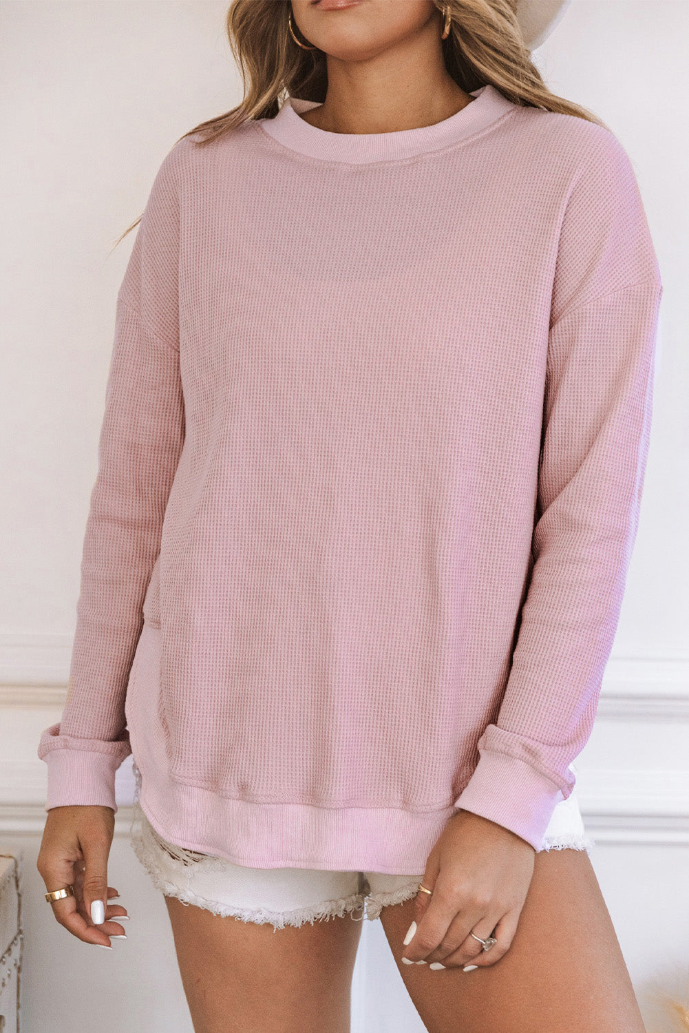 Waffle Knit Crew Neck Casual Long Sleeve Top