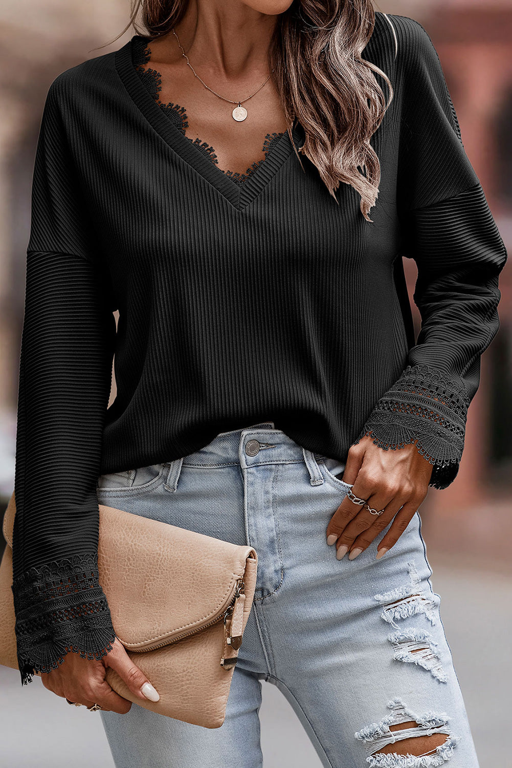 Blue Ribbed Texture Lace Trim V Neck Long Sleeve Top