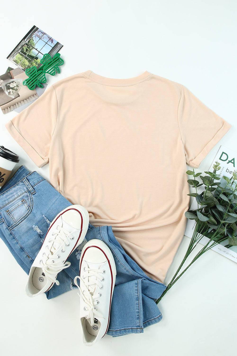 White Round Neck Rolled Sleeve Plus Size T-shirt