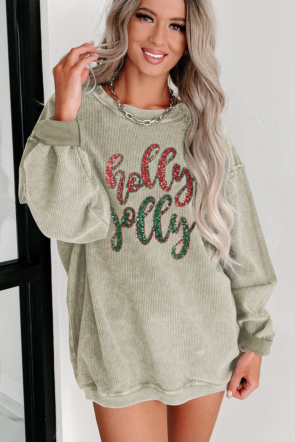 Black Plus Size Corded Round Neck Sweatshirt