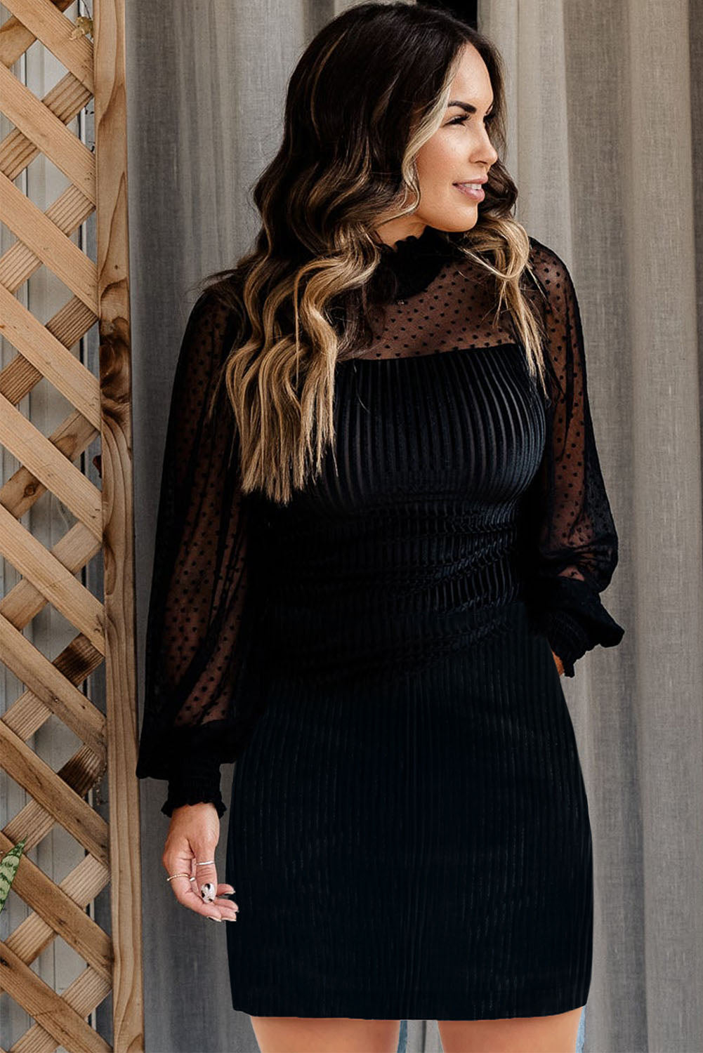 Dotted Mesh Striped Frilled Neck Bubble Sleeve Dress
