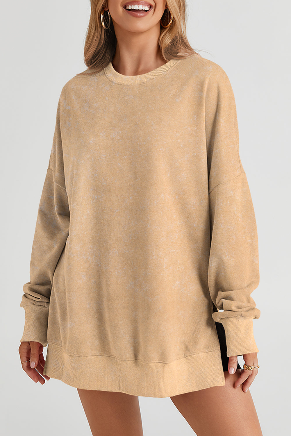Leopard Print Drop Shoulder Slit Oversized Sweatshirt