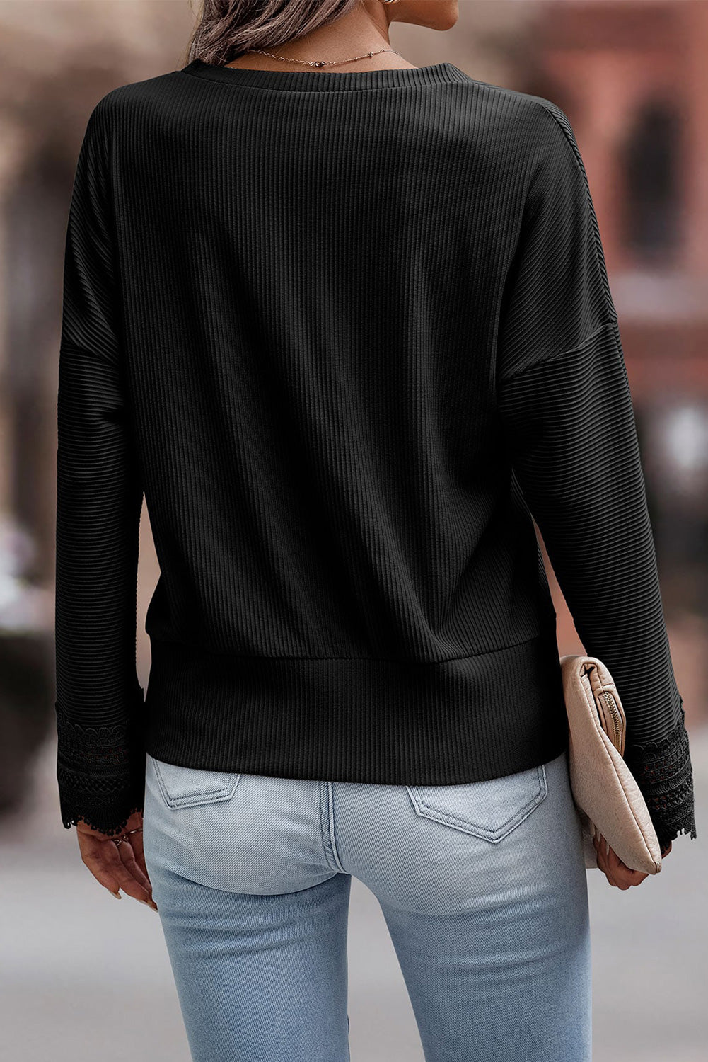 Blue Ribbed Texture Lace Trim V Neck Long Sleeve Top