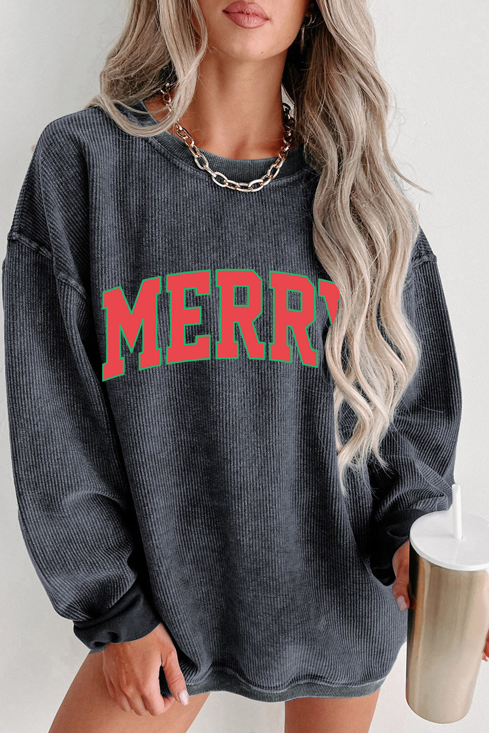 Black Plus Size Corded Round Neck Sweatshirt