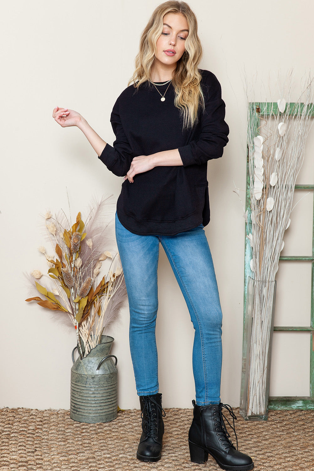 Waffle Knit Crew Neck Casual Long Sleeve Top
