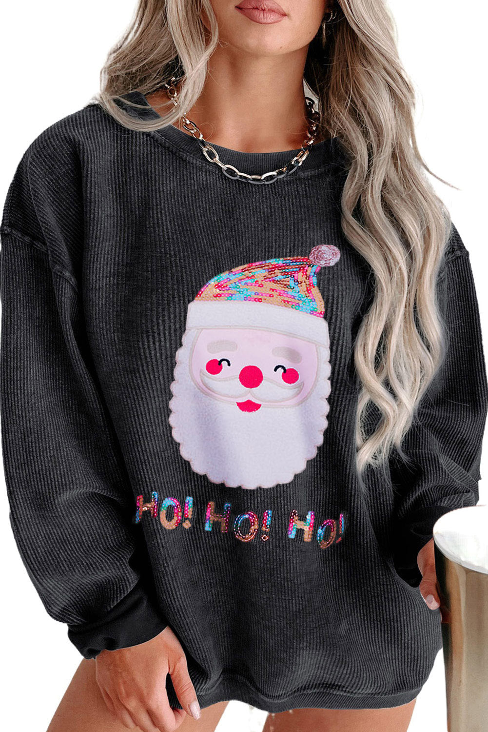 Black Plus Size Corded Round Neck Sweatshirt