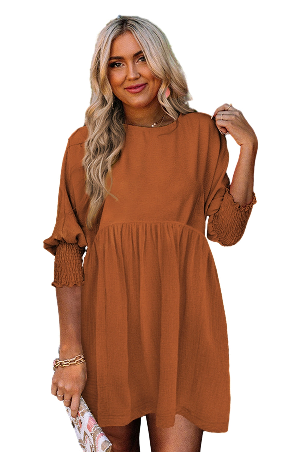 Purple Printed Boho Floral Frilled Neck Shirred Bracelet Sleeve Dress