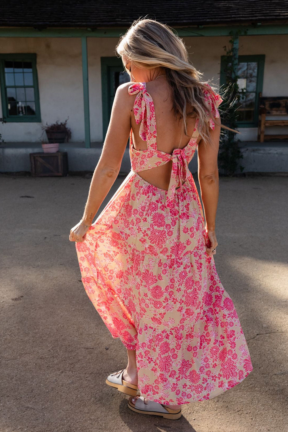 Gingham Floral Tie Shoulder Maxi Dress