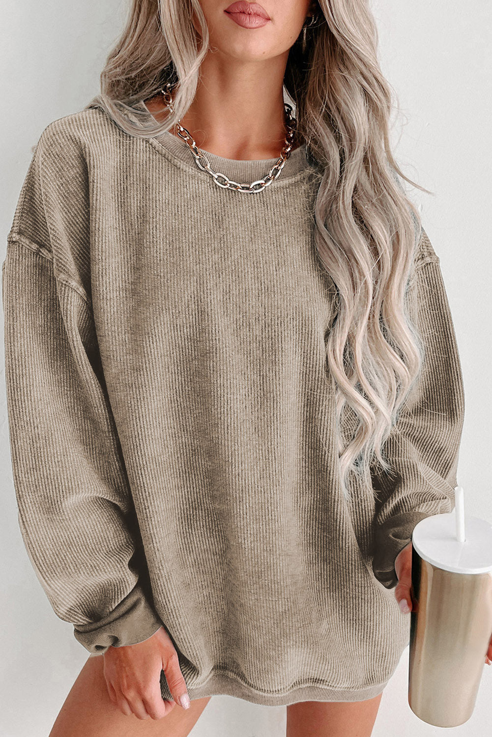 Black Plus Size Corded Round Neck Sweatshirt