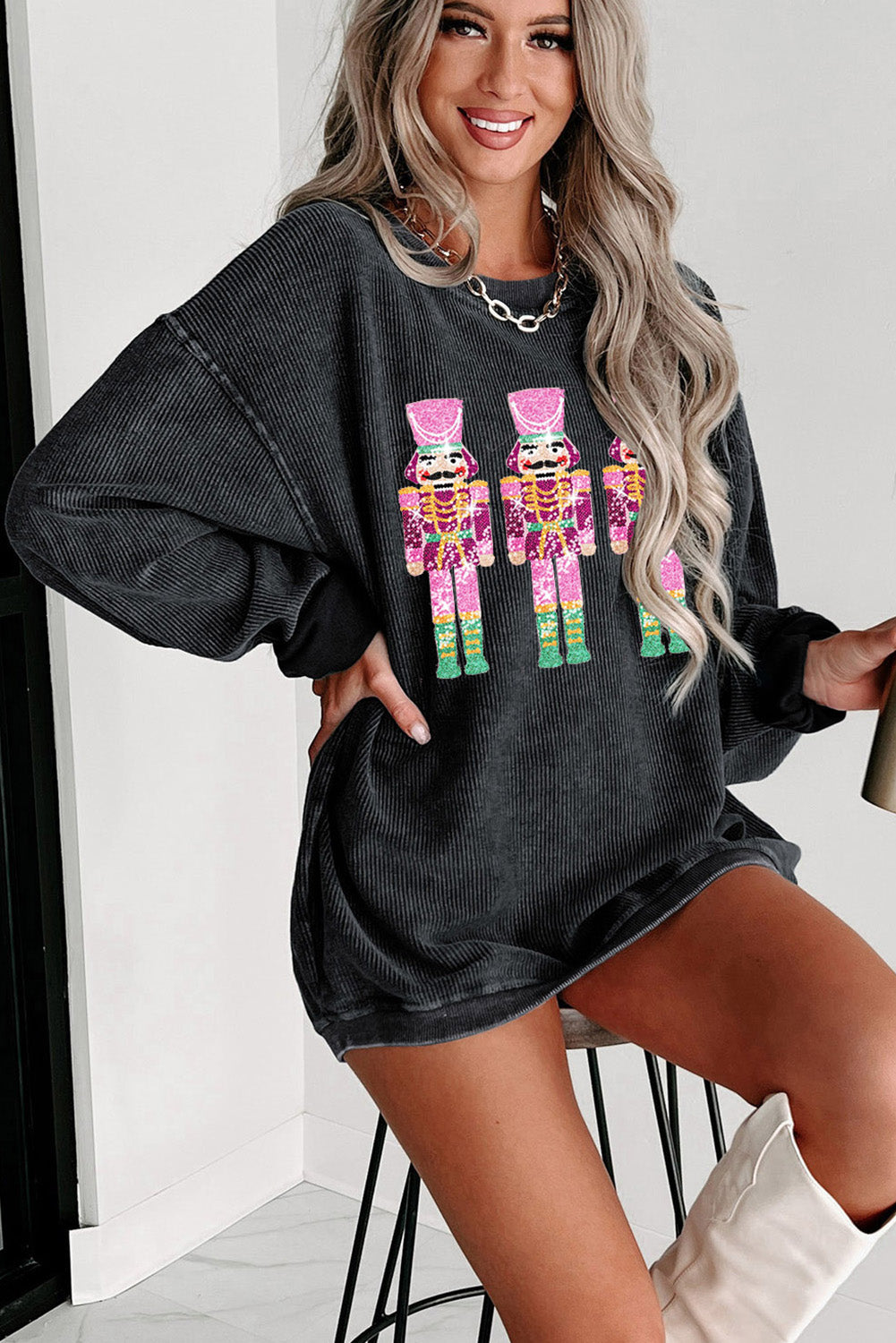 Black Plus Size Corded Round Neck Sweatshirt