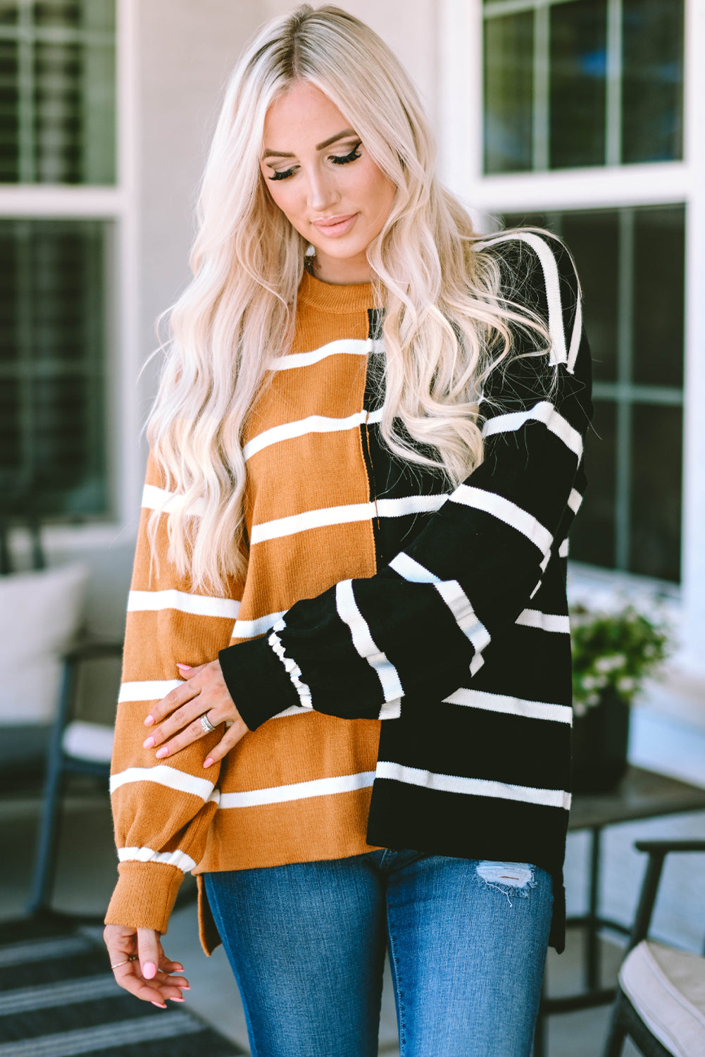 Plus Size Colorblock Striped Patchwork Loose Top