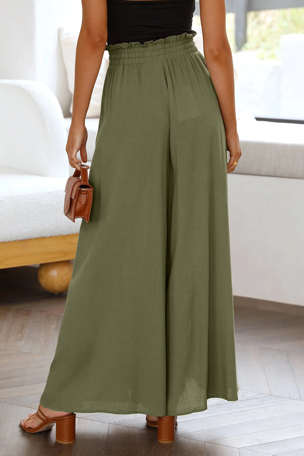 Beige Drawstring Smocked High Waist Wide Leg Pants