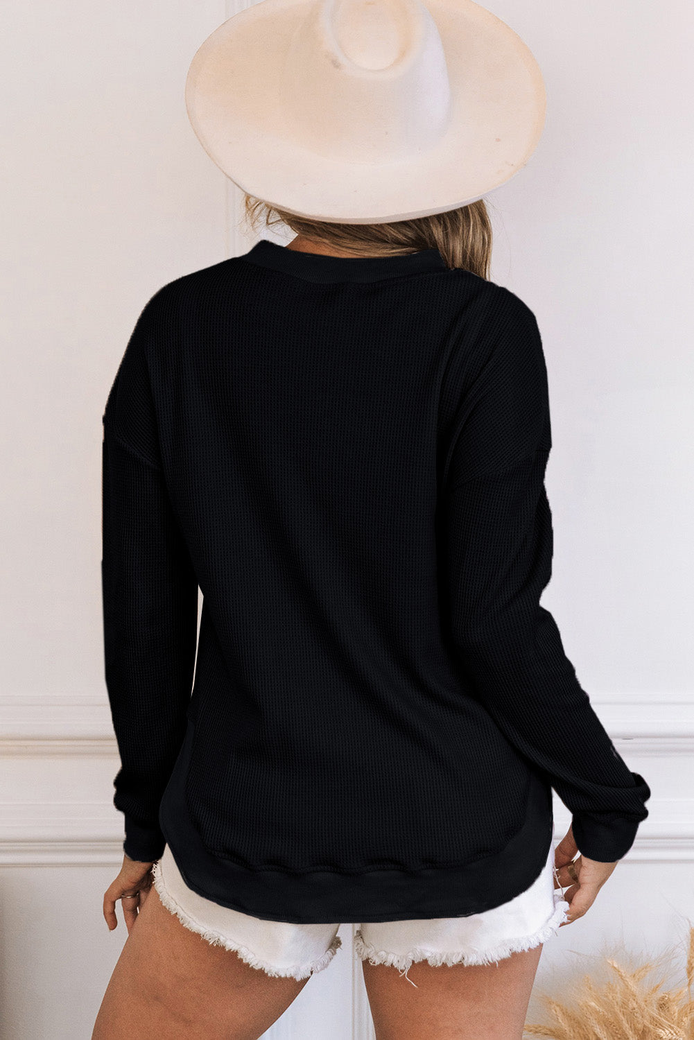 Waffle Knit Crew Neck Casual Long Sleeve Top
