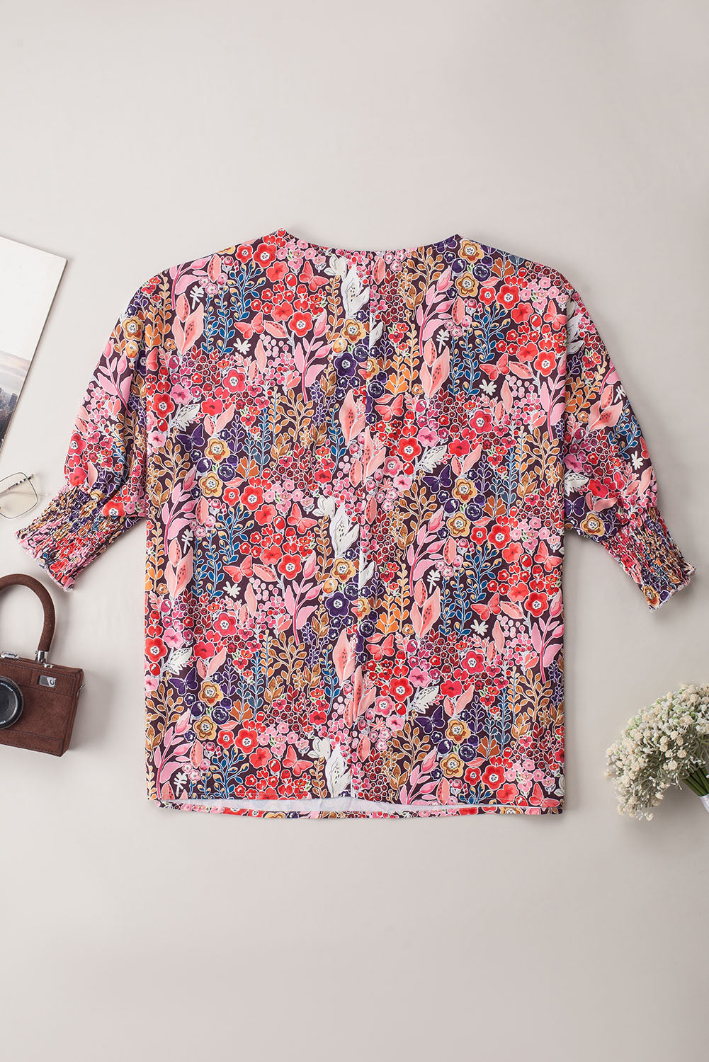 Purple Printed Boho Floral Frilled Neck Shirred Bracelet Sleeve Dress