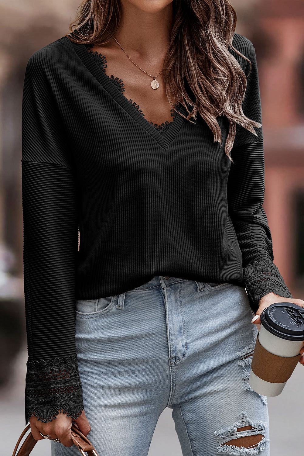Blue Ribbed Texture Lace Trim V Neck Long Sleeve Top