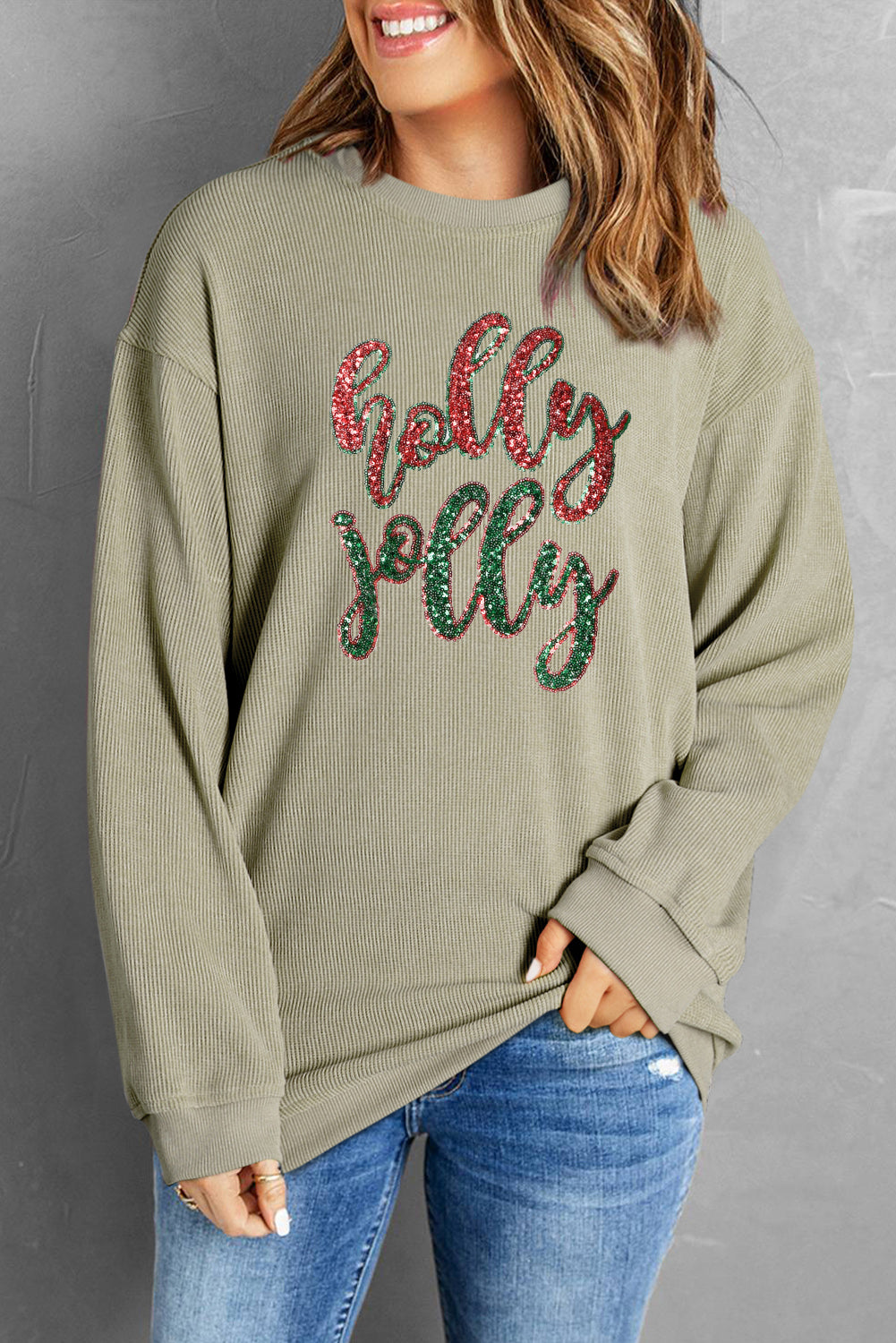 Black Plus Size Corded Round Neck Sweatshirt
