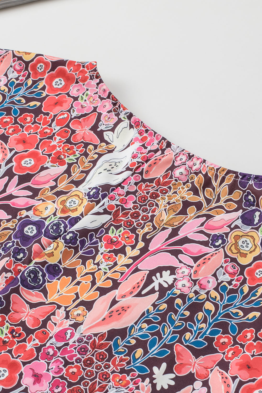 Purple Printed Boho Floral Frilled Neck Shirred Bracelet Sleeve Dress
