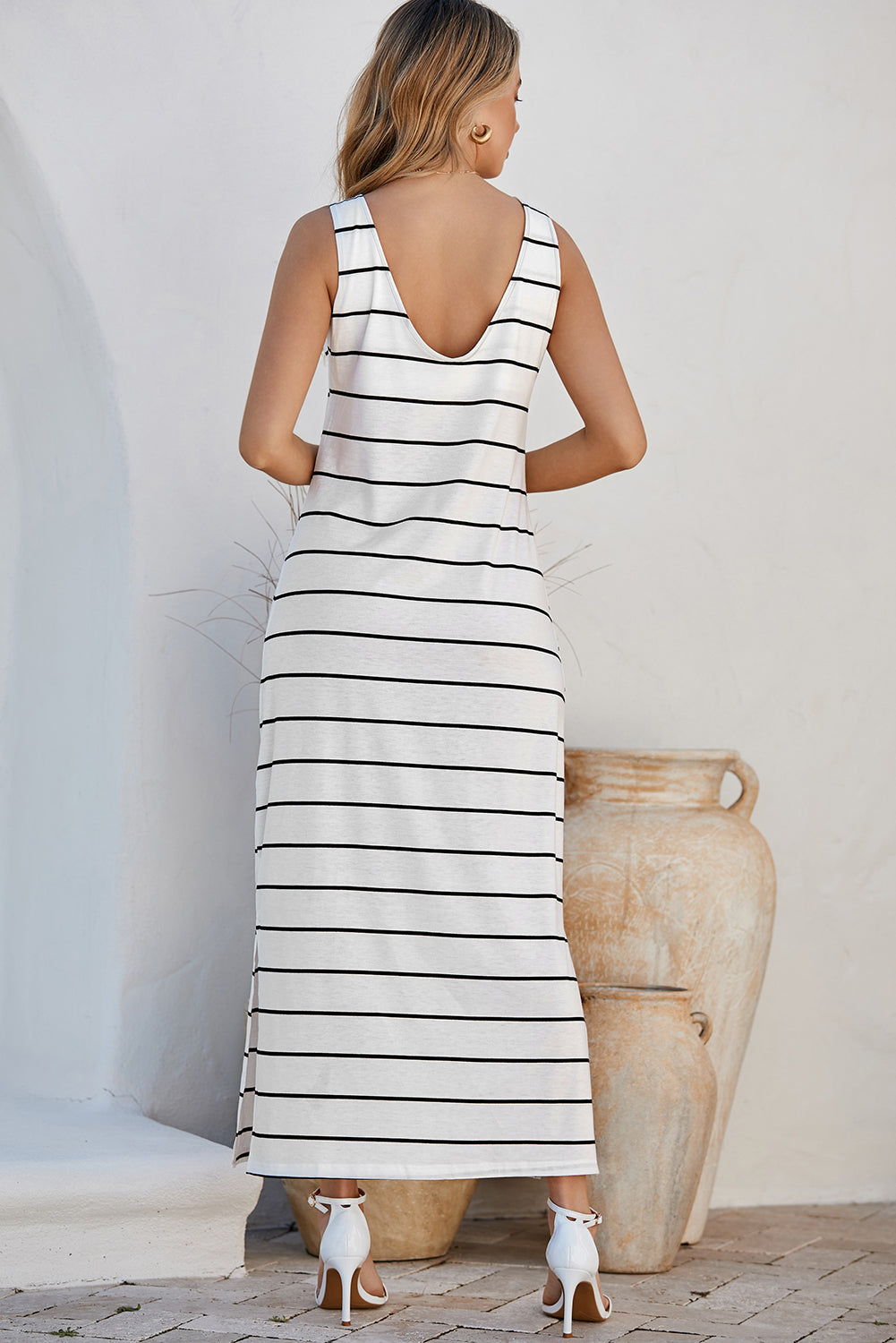Black Striped Casual Slit Long Dress