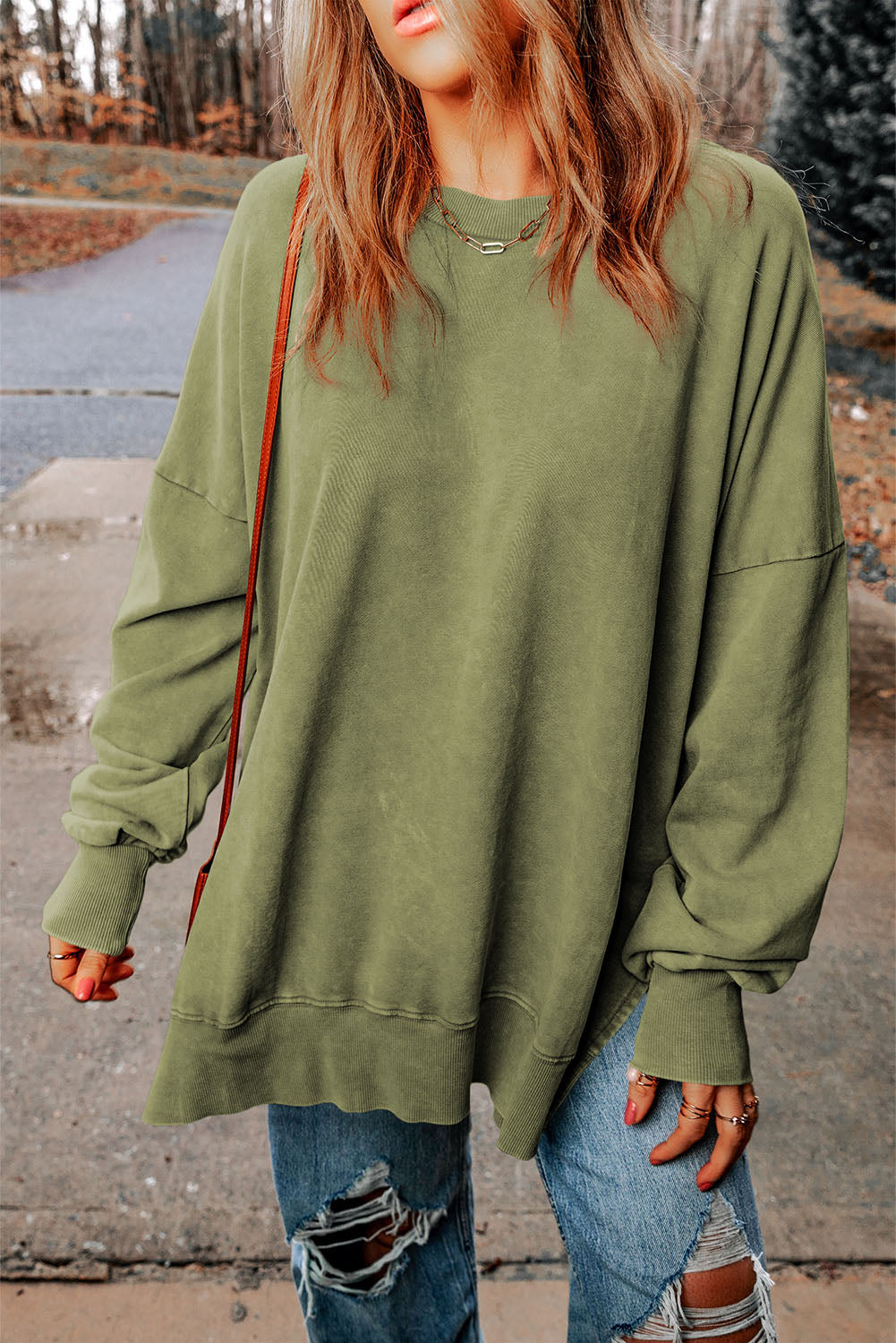 Leopard Print Drop Shoulder Slit Oversized Sweatshirt