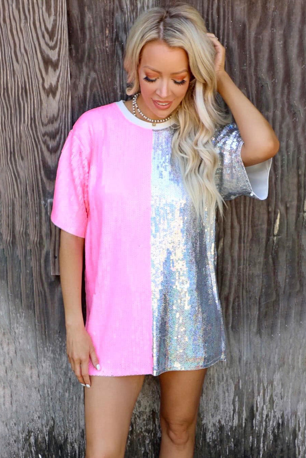 Sequin Color Block Half Sleeve Shift Mini Dress