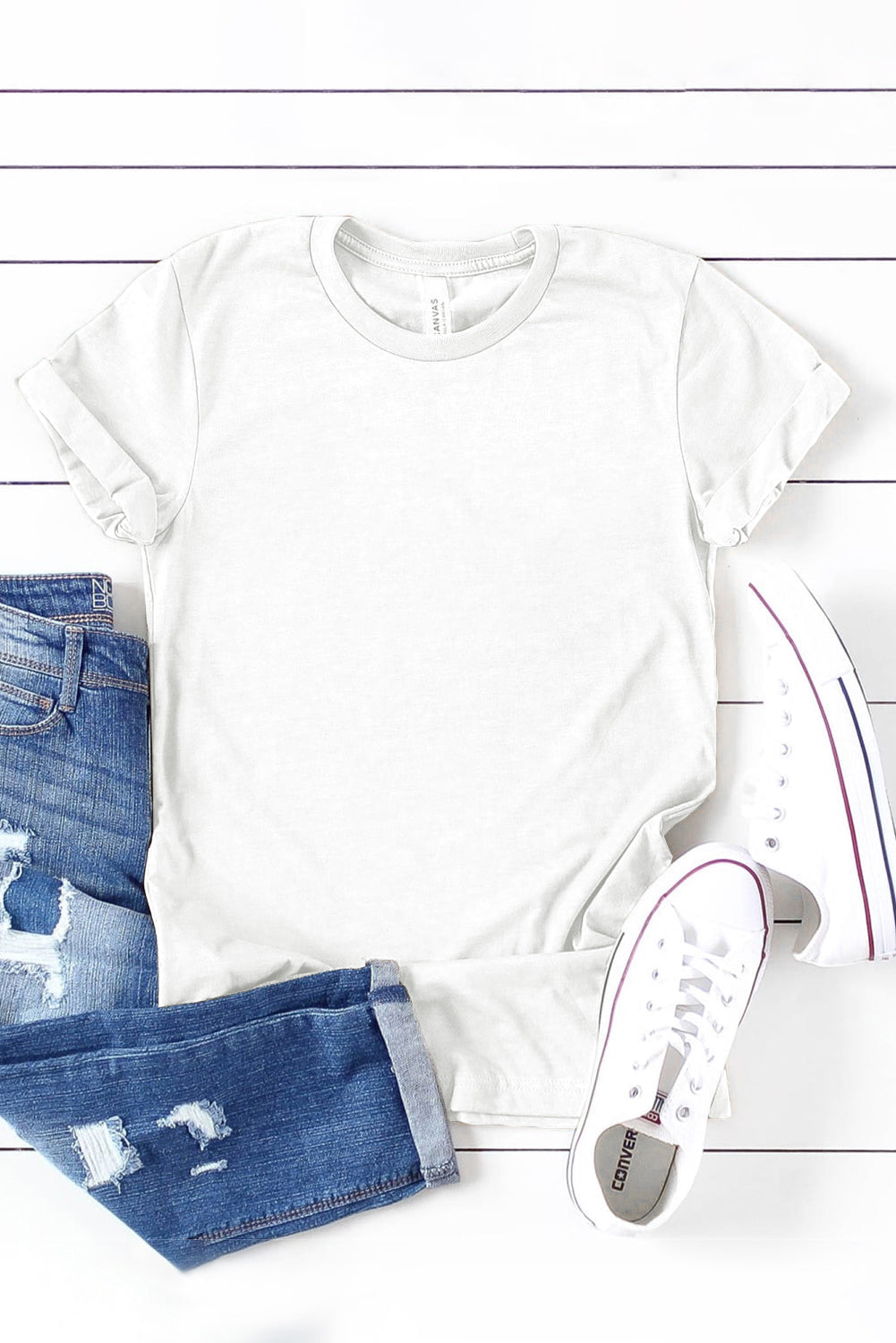 White Round Neck Rolled Sleeve Plus Size T-shirt