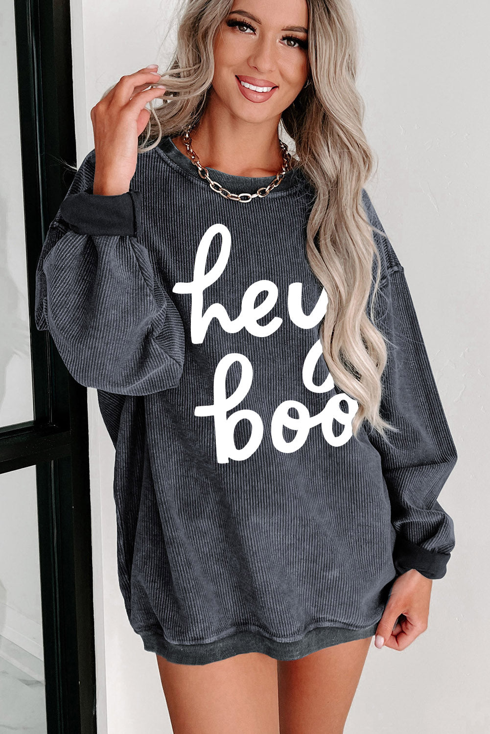 Black Plus Size Corded Round Neck Sweatshirt