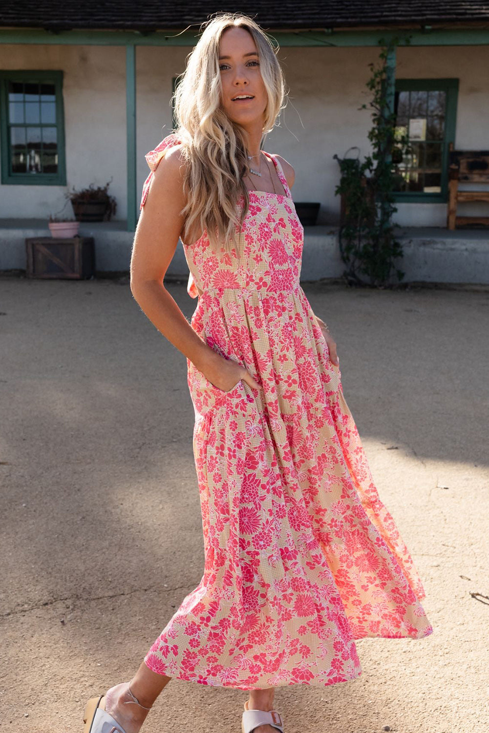 Gingham Floral Tie Shoulder Maxi Dress