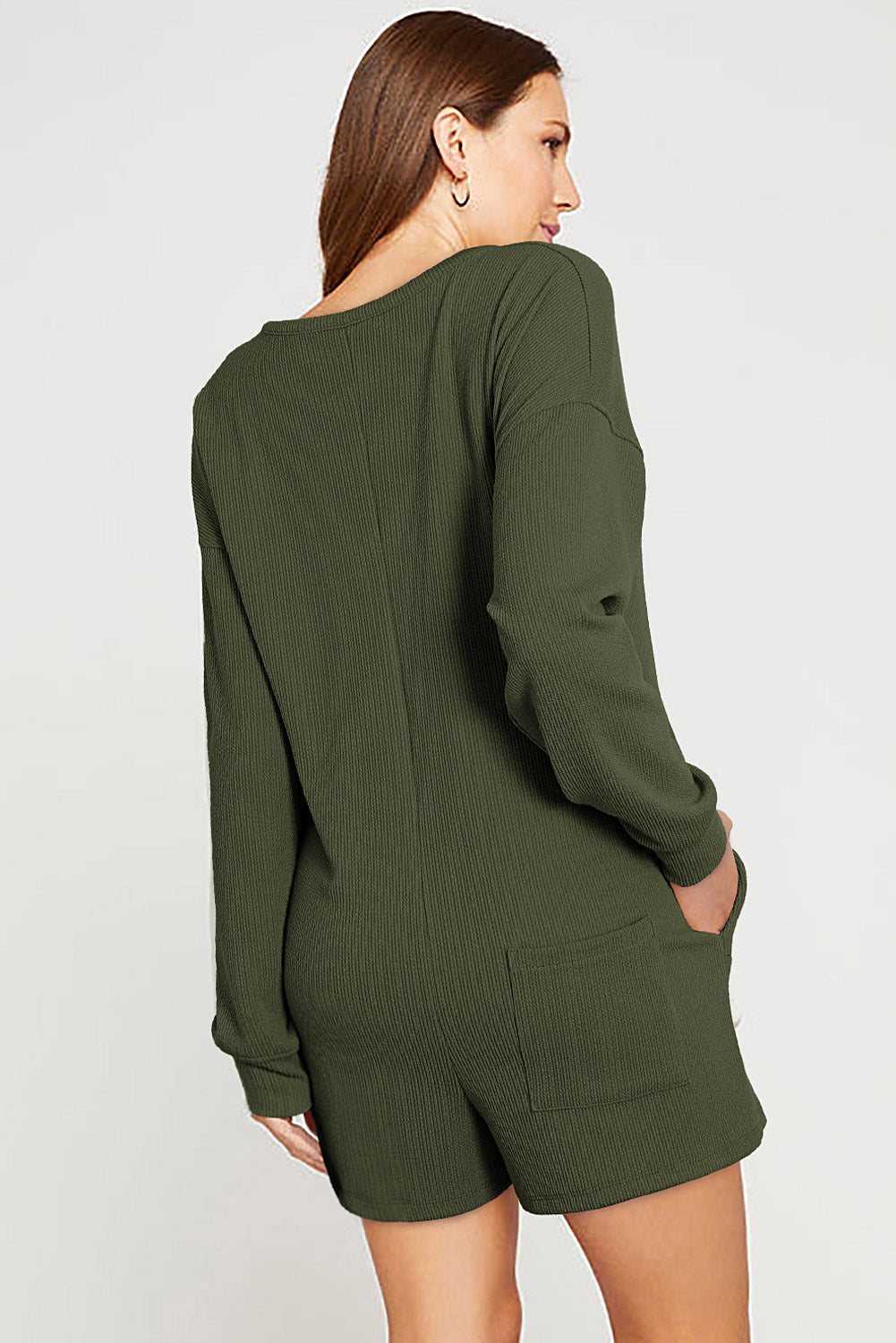 Black Brushed Ribbed Button Split V Neck Long Sleeve Romper