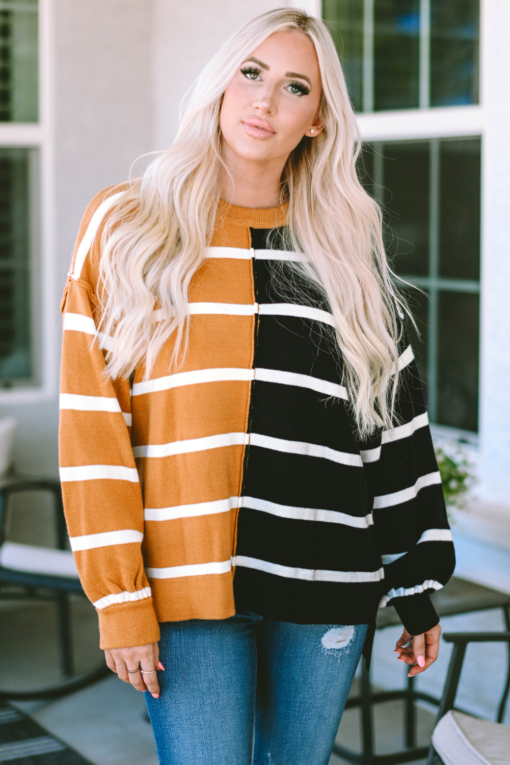 Plus Size Colorblock Striped Patchwork Loose Top