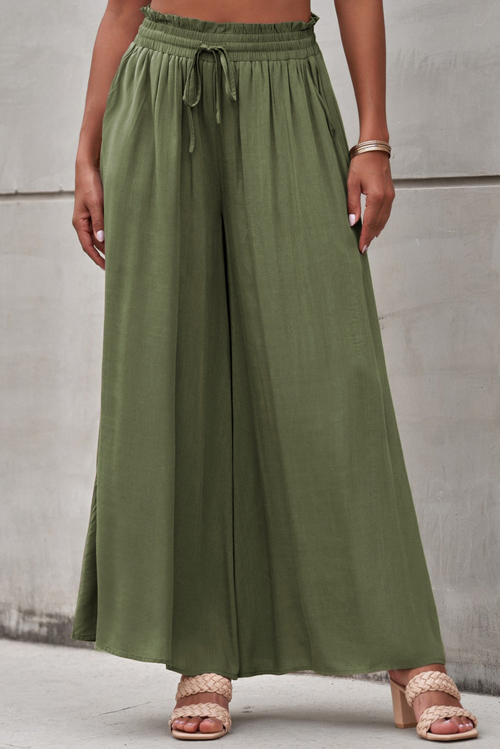 Beige Drawstring Smocked High Waist Wide Leg Pants
