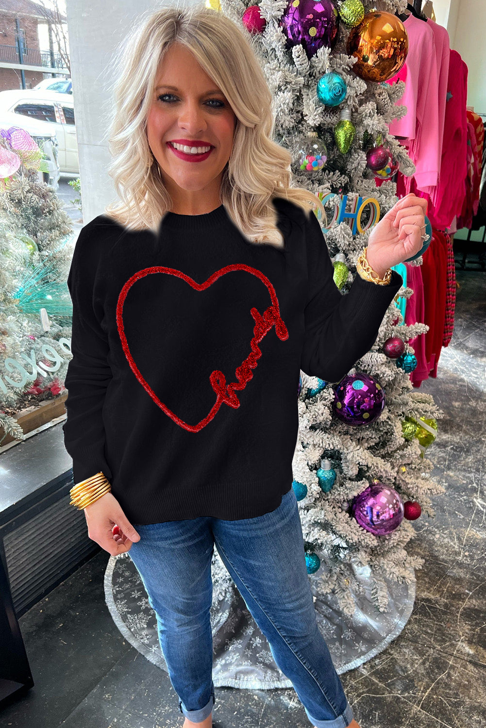 Black Plus Size Cheers Glitter Tinsel Short Sleeve Sweater