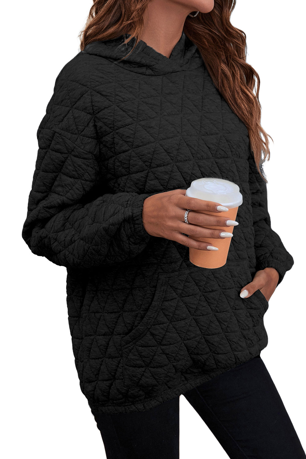 Light Grey Drop Shoulder Quilted Patchwork Kangaroo Pocket Hoodie