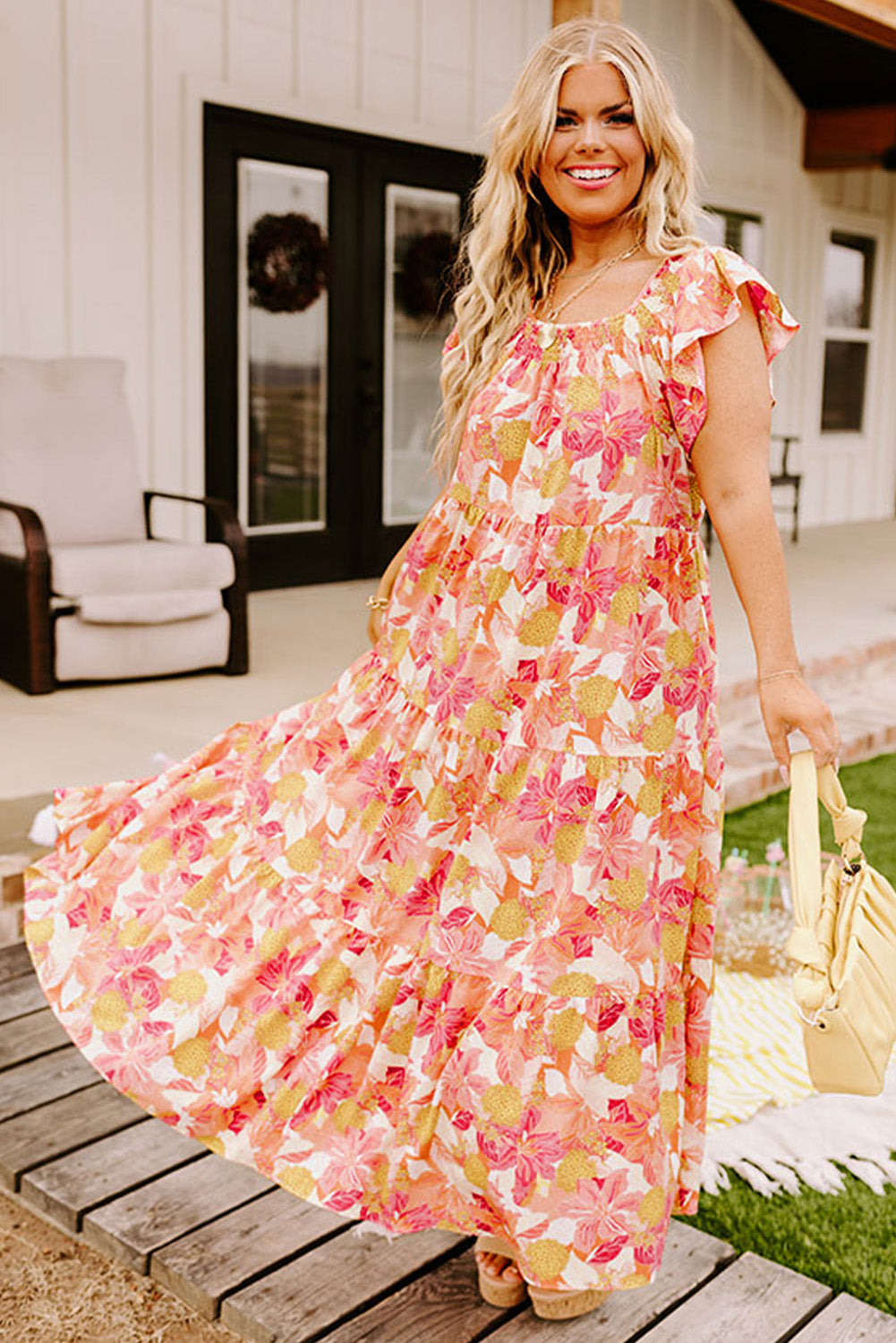 Floral Print Shirred Ruffled Sleeveless Plus Size Dress