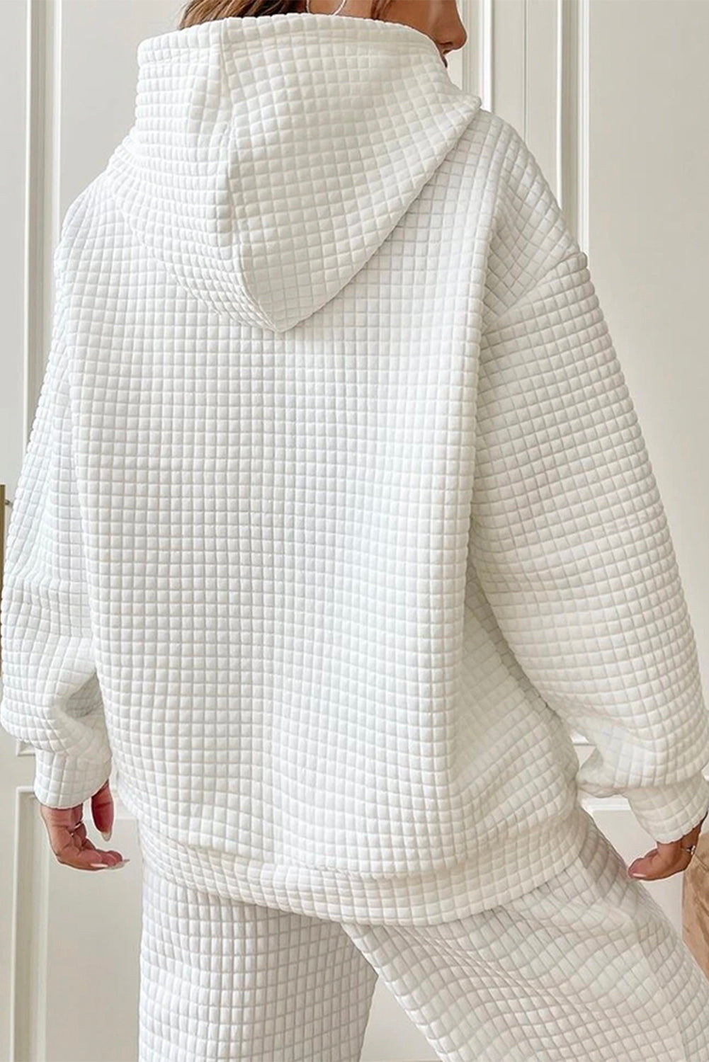 Gray Lattice Textured Kangaroo Pocket Drawstring Hoodie