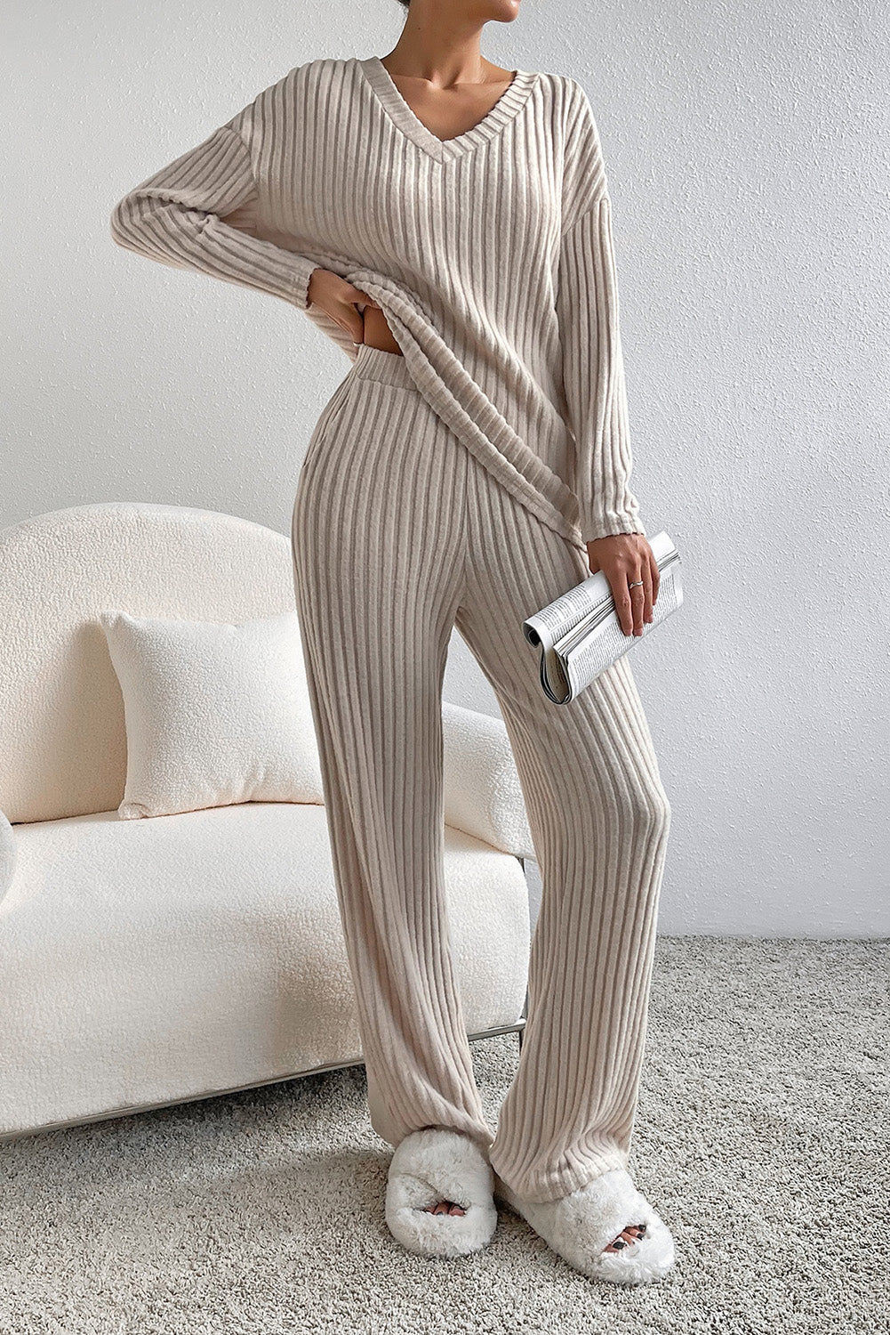 Parchment Plus Size Ribbed V Neck Pullover and Pants Set