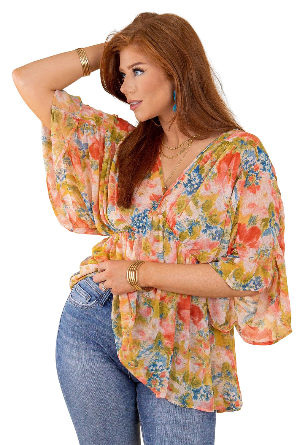 Multicolor Abstract Print Drape Sleeve V Neck Plus Size Babydoll Blouse