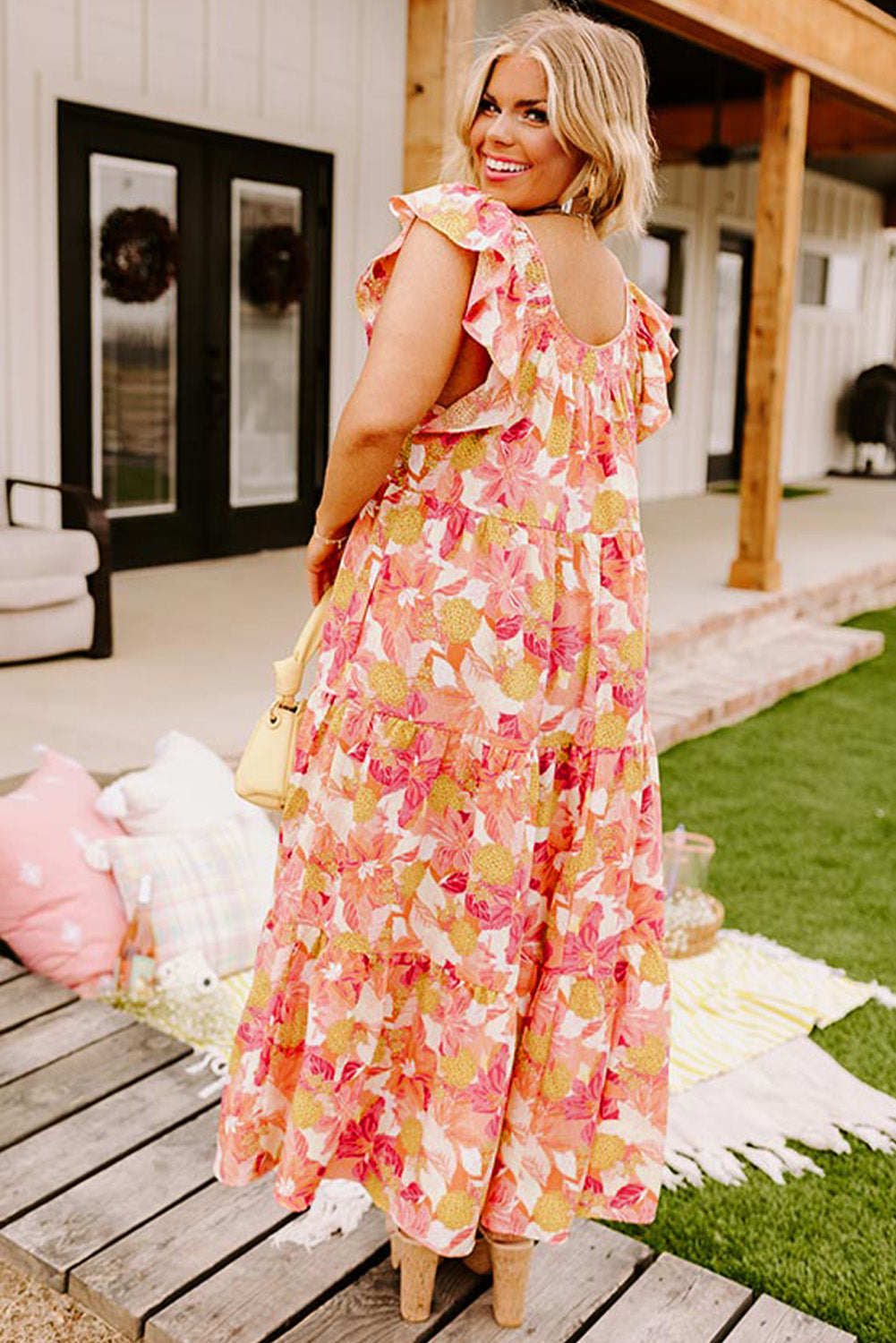 Floral Print Shirred Ruffled Sleeveless Plus Size Dress