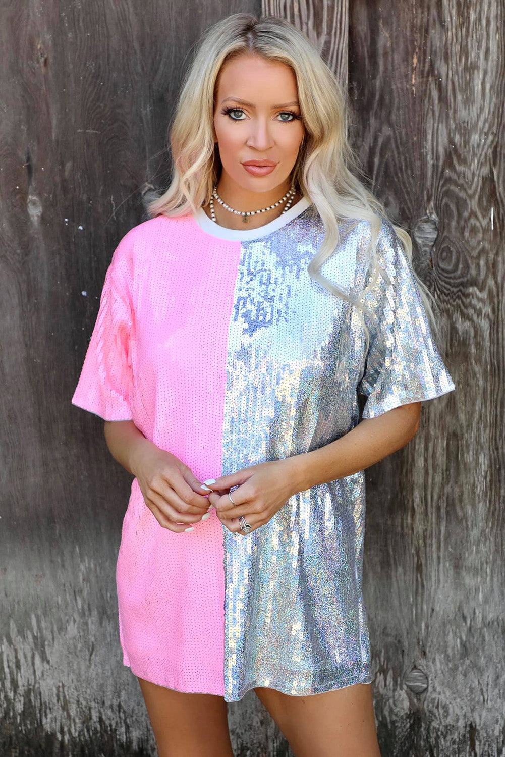 Sequin Color Block Half Sleeve Shift Mini Dress
