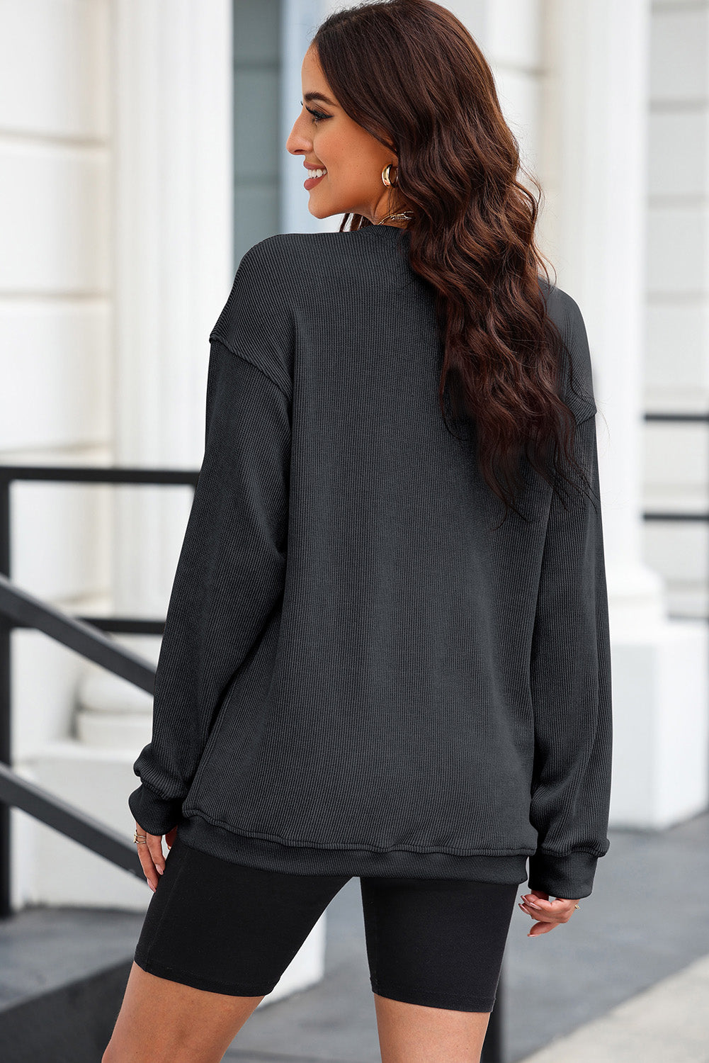 Black Plus Size Corded Round Neck Sweatshirt