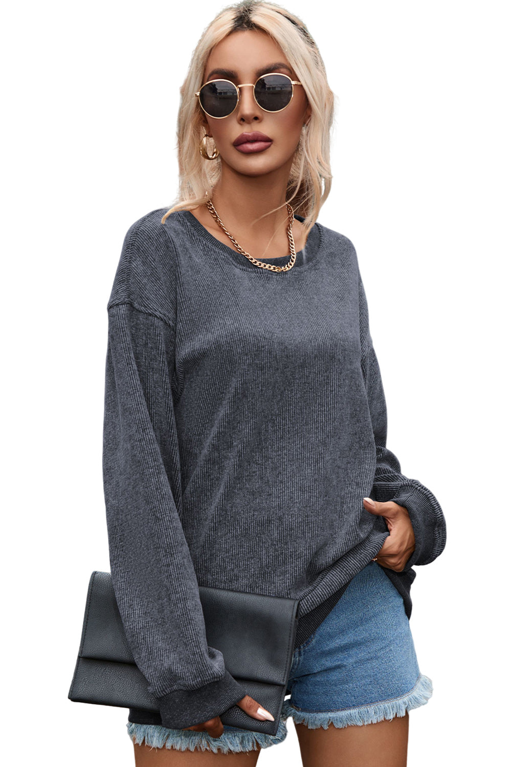 Black Plus Size Corded Round Neck Sweatshirt