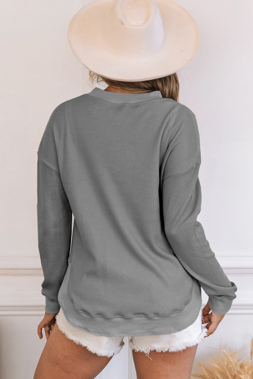 Waffle Knit Crew Neck Casual Long Sleeve Top