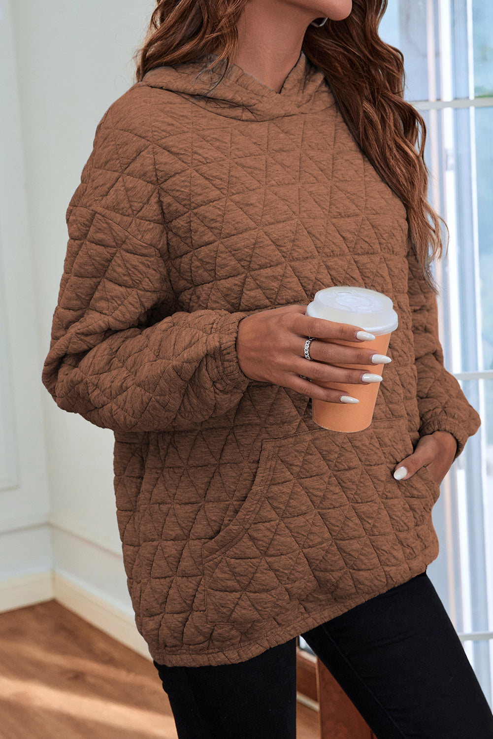 Light Grey Drop Shoulder Quilted Patchwork Kangaroo Pocket Hoodie