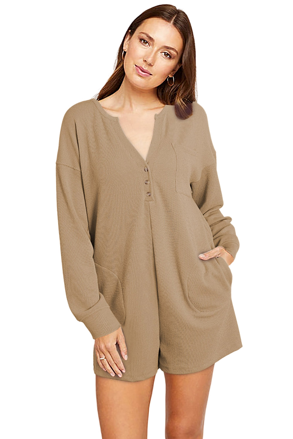 Black Brushed Ribbed Button Split V Neck Long Sleeve Romper