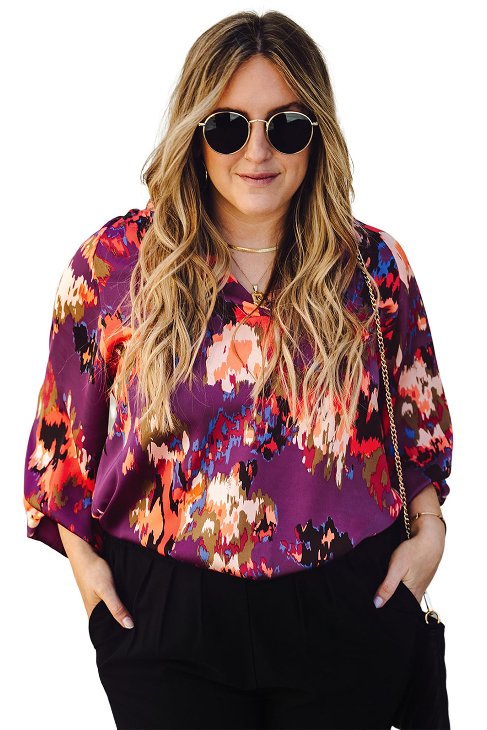 Plus Size Abstract Print V-Neck Long Sleeve Blouse