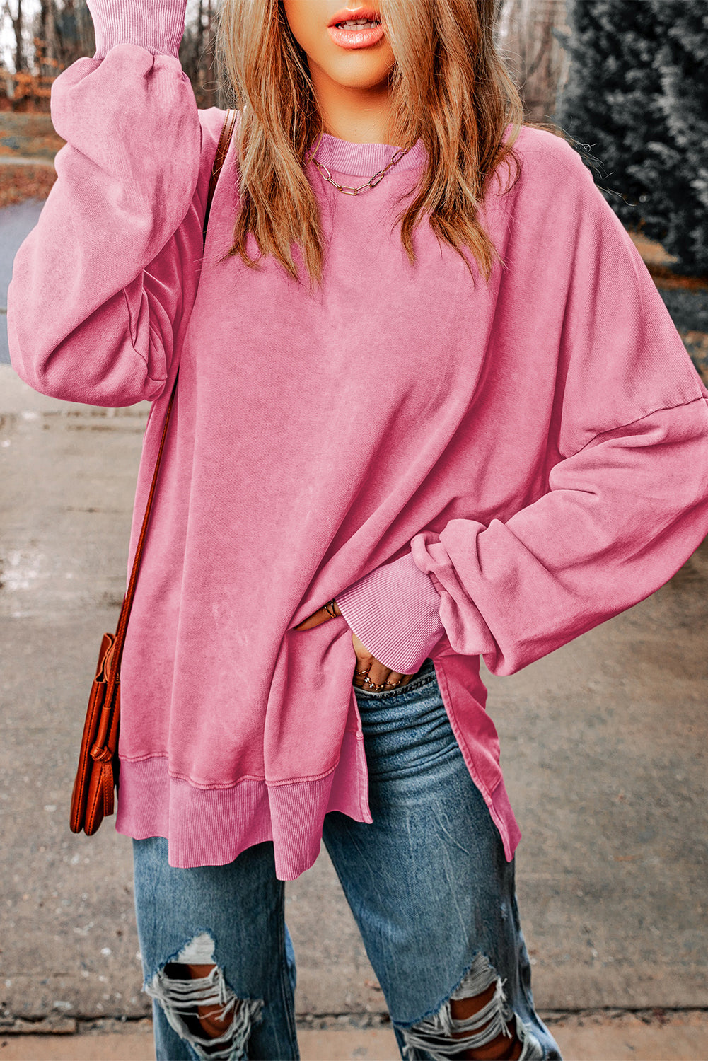 Leopard Print Drop Shoulder Slit Oversized Sweatshirt