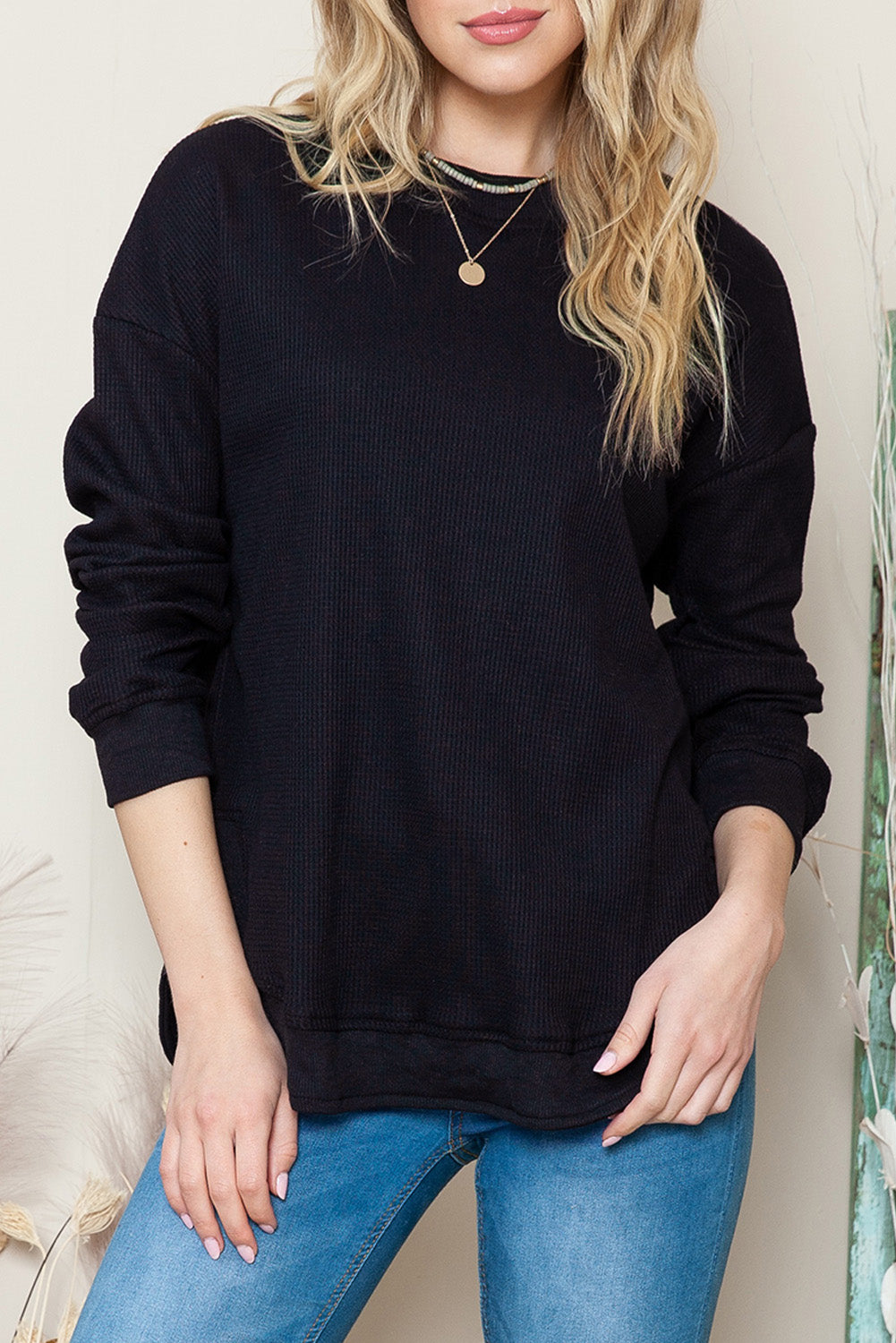 Waffle Knit Crew Neck Casual Long Sleeve Top