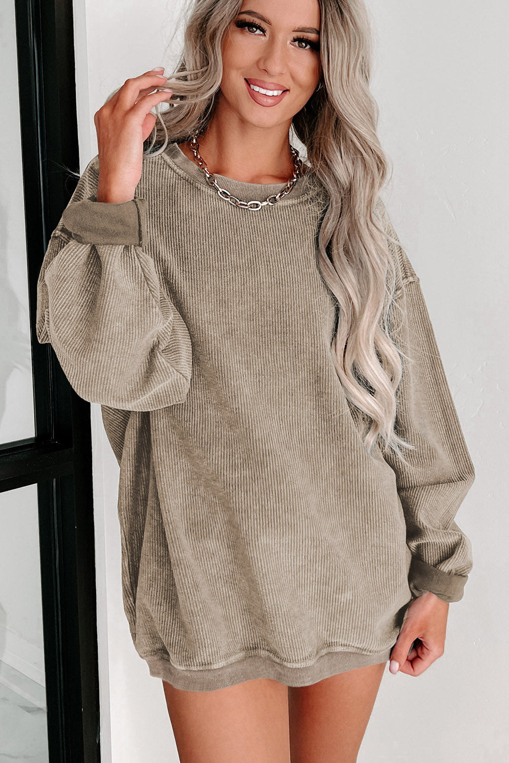 Black Plus Size Corded Round Neck Sweatshirt