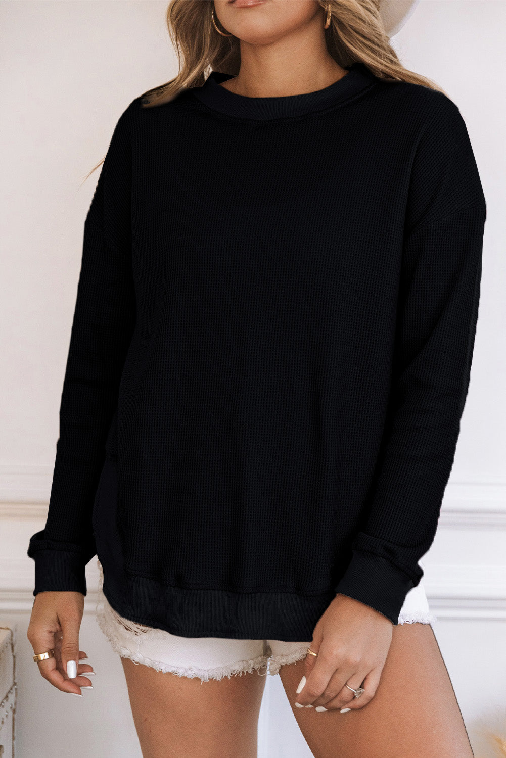 Waffle Knit Crew Neck Casual Long Sleeve Top