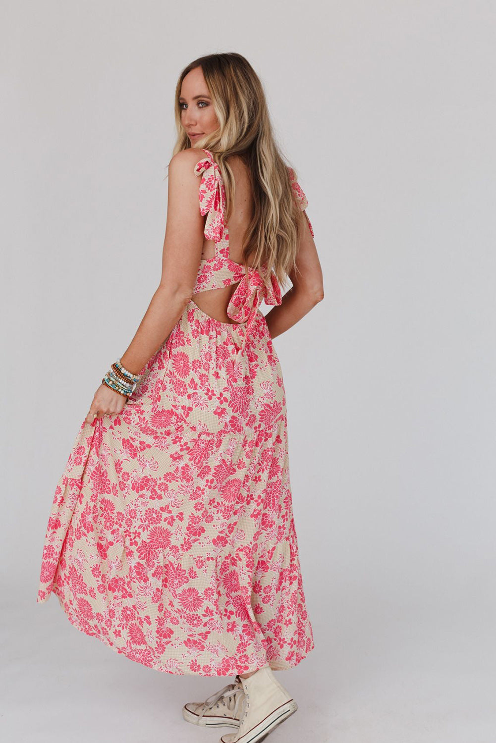 Gingham Floral Tie Shoulder Maxi Dress