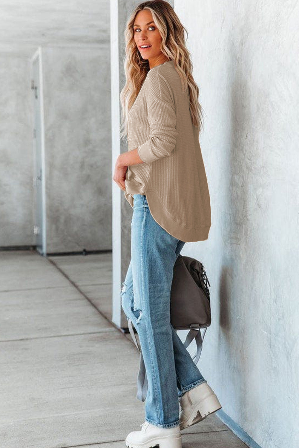 Waffle Knit Crew Neck Casual Long Sleeve Top